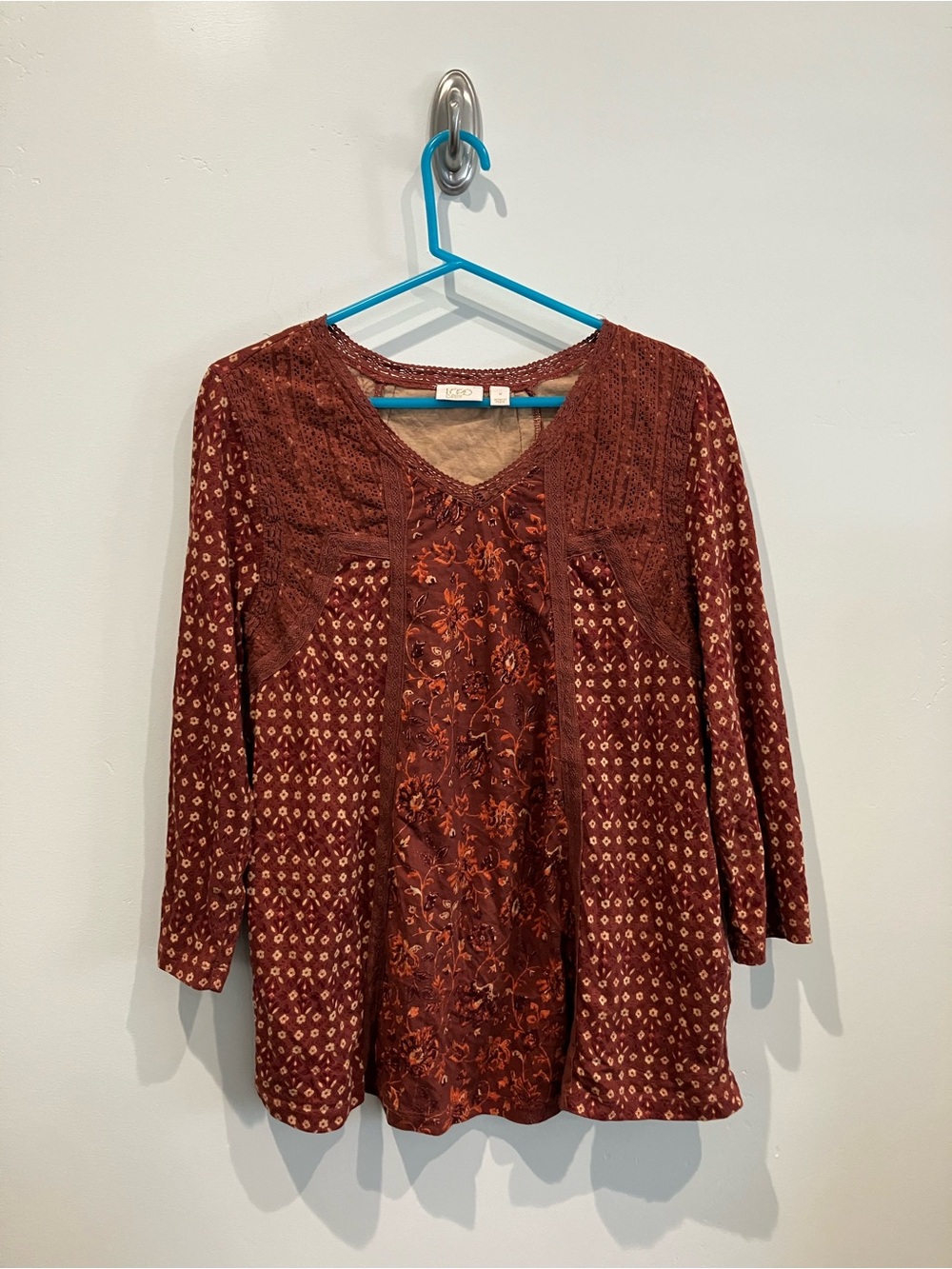 QVC Logo Lavish Rust Floral Printed V-Neck with Lace